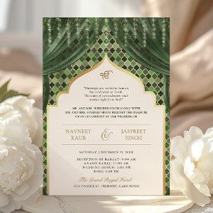 Invitation Mariage Sikh QR Code Quatrefeuille Or Vert Olive