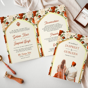 Invitation Mariage Sikh Tout en Un Fleurs Ivoire Orange