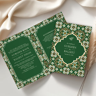 Invitation Mariage Sikh Tout en Un Ikat Géométrique Vert Beig