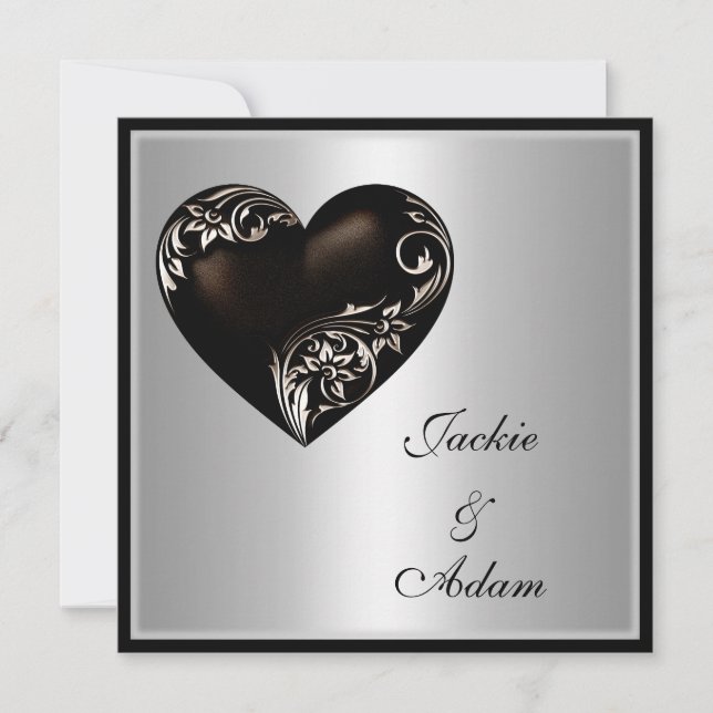Invitation Mariage Silver Floral Black Heart Moderne (Devant)