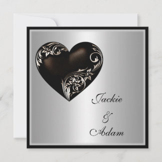 Invitation Mariage Silver Floral Black Heart Moderne