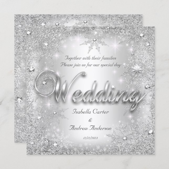 Invitation Mariage Silver Winter Wonderland Snowflakes (Devant / Derrière)