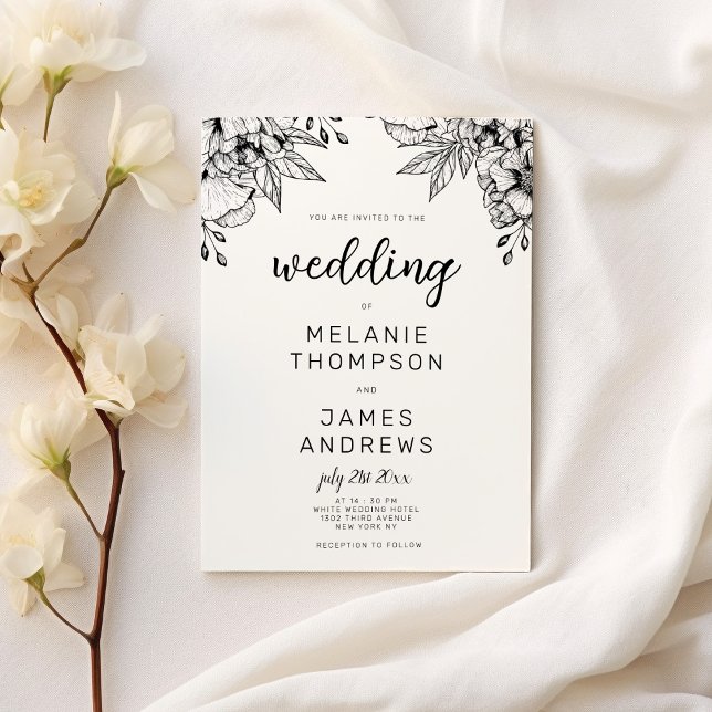 Invitation Mariage simple à thème floral noir et blanc (Simple black and white floral theme wedding)
