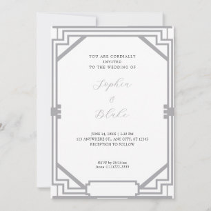 Invitation Mariage Simple Art Déco Argent et Blanc