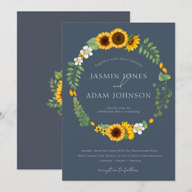 Invitation Mariage simple Boho Royal Blue Opulence Sunflowers (Devant / Derrière)