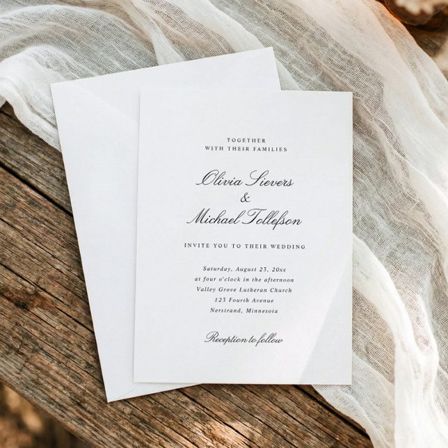Invitation Mariage Simple Classique Traditionnel Vieille Fort (Traditional black and white wedding invitation with classic calligraphy and formal typography)