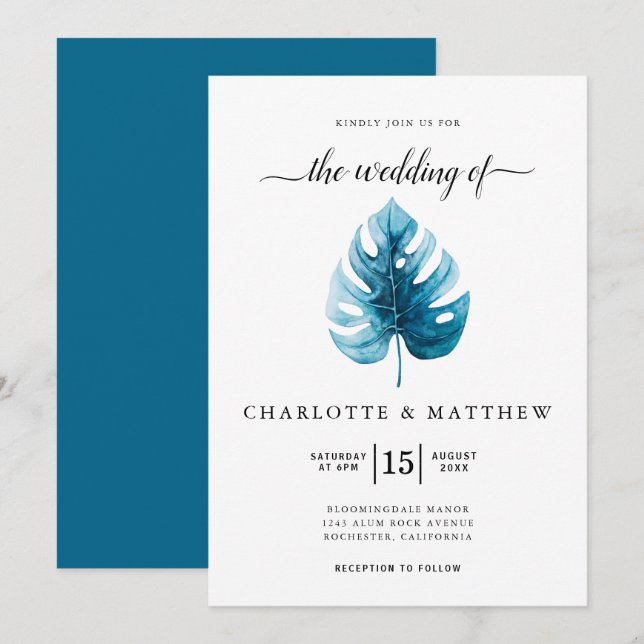Invitation Mariage simple couleur d'aquarelle tropicale Monst (Devant / Derrière)