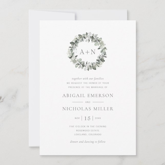 Invitation Mariage simple d'aquarelle Eucalyptus (Devant)