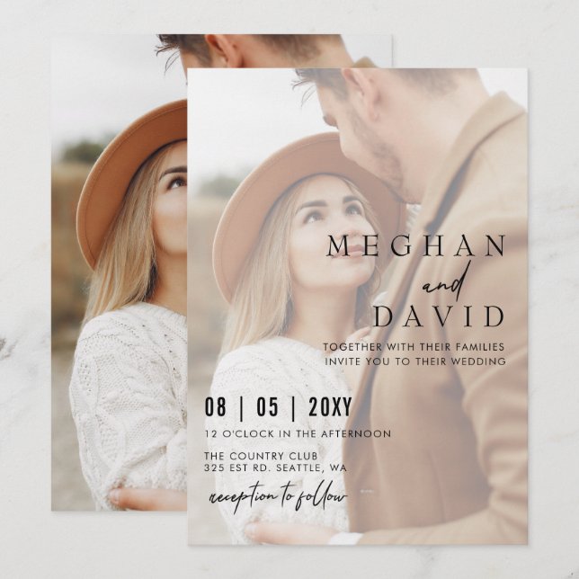 Invitation Mariage simple de superposition photo complète (Devant / Derrière)