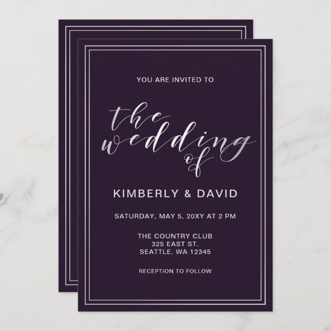 Invitation Mariage simple en argent violet (Devant / Derrière)