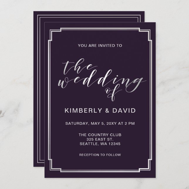 Invitation Mariage simple en argent violet (Devant / Derrière)