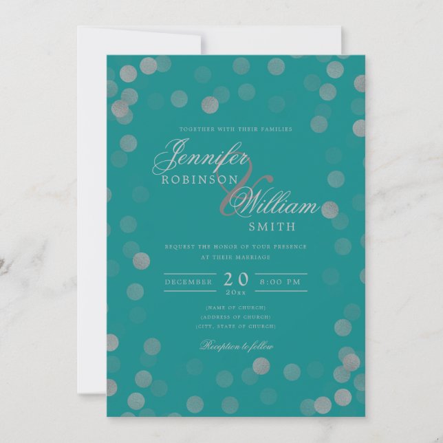 Invitation Mariage simple et élégant Confetti en argent Turqu (Devant)