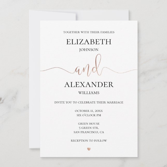 Invitation Mariage simple et élégante en or. Détails de la ca (Devant)