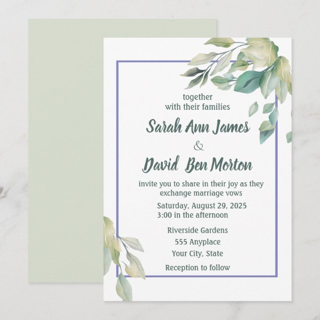 Invitation Mariage Simple Feuillage Vert Sauge (Devant / Derrière)