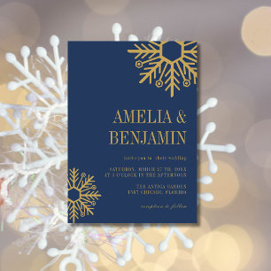 Invitation Mariage simple flocon de neige bleu marine et or a