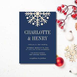 Invitation Mariage Simple Flocon de Neige Champagne & Bleu Nu