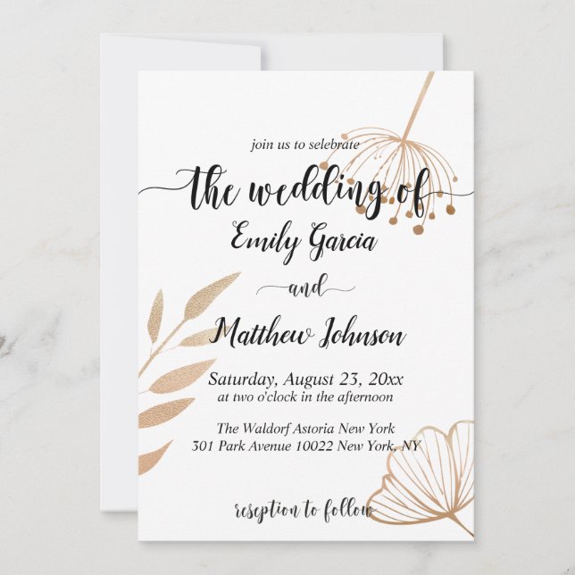 Invitation Mariage simple floral botanique or (Devant)