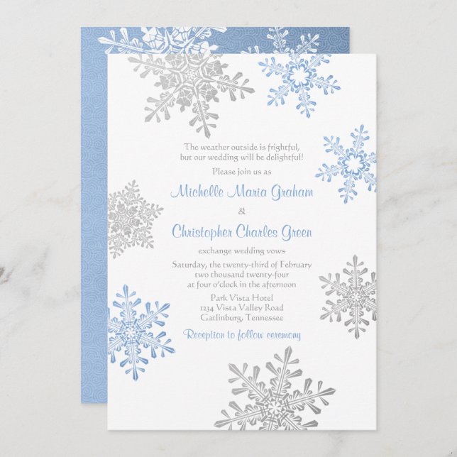 Invitation Mariage simple Lapin bleu Silver Winter Snowflake (Devant / Derrière)