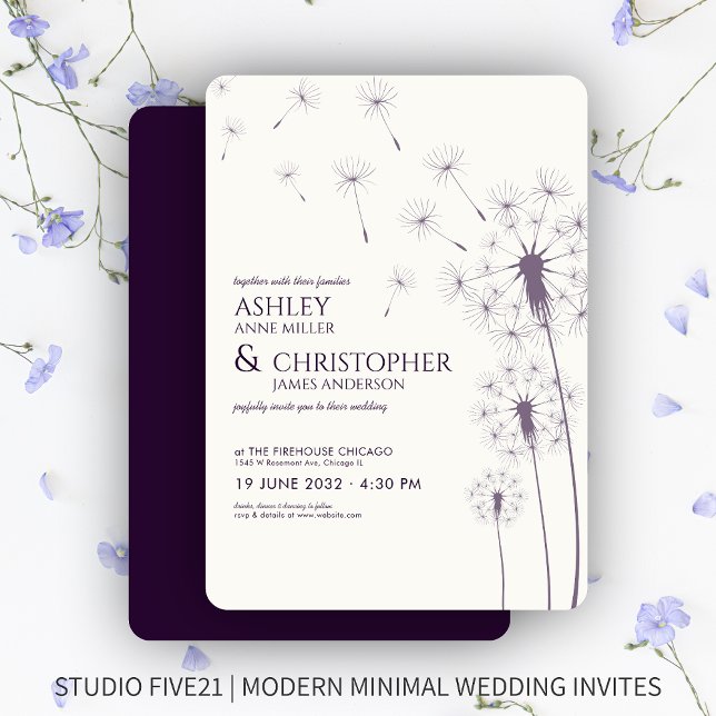 Invitation Mariage simple moderne foncé violet Dandelion (Créateur téléchargé)