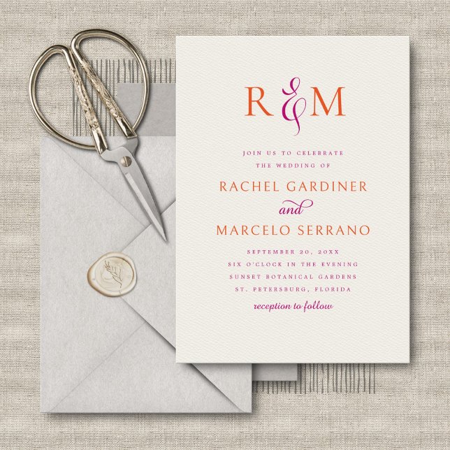 Invitation Mariage simple Monogramme Magenta Orange brillant (Créateur téléchargé)