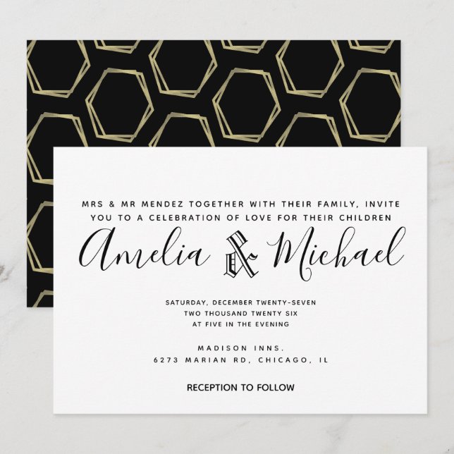 Invitation Mariage simple noir et or géométrique moderne (Devant / Derrière)