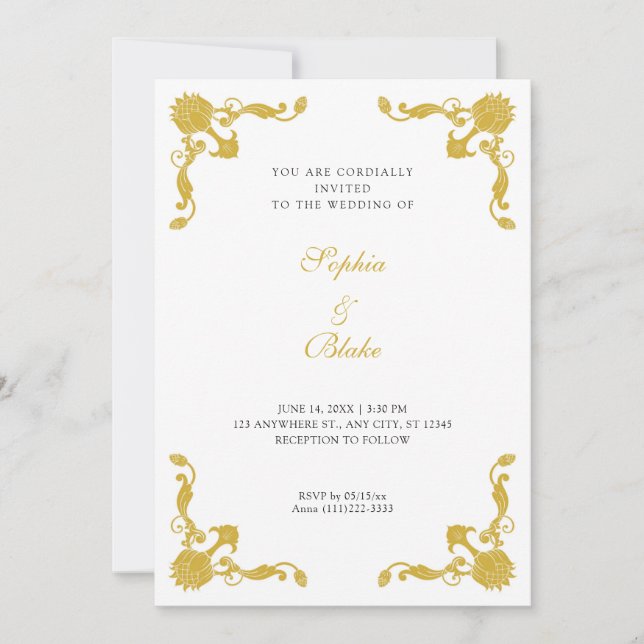 Invitation Mariage simple or et blanc Art déco (Devant)