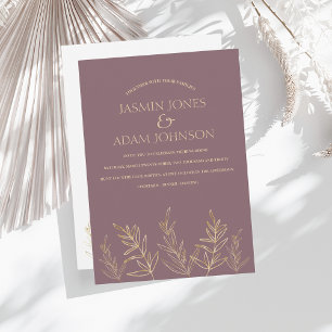 Invitation Mariage simple Plum violet et Feuille or