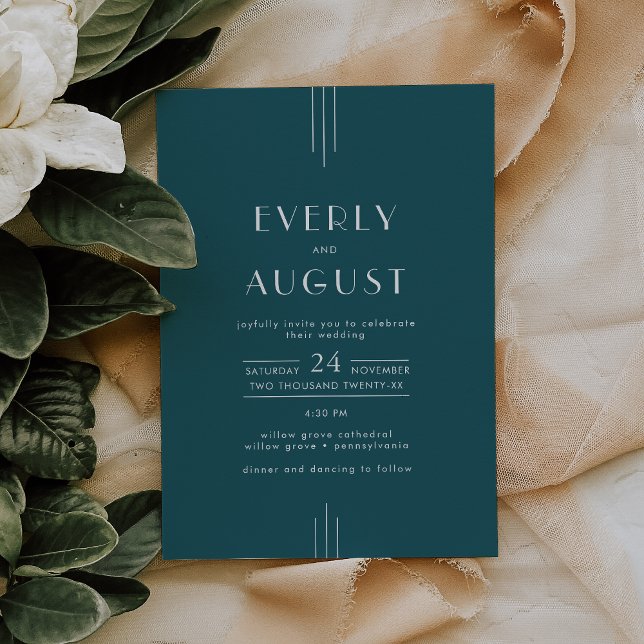 Invitation Mariage simple rétro Art Déco Paon sarcelle EVERLY (EVERLY Simple Retro Art Deco Peacock Teal Wedding Invitation)