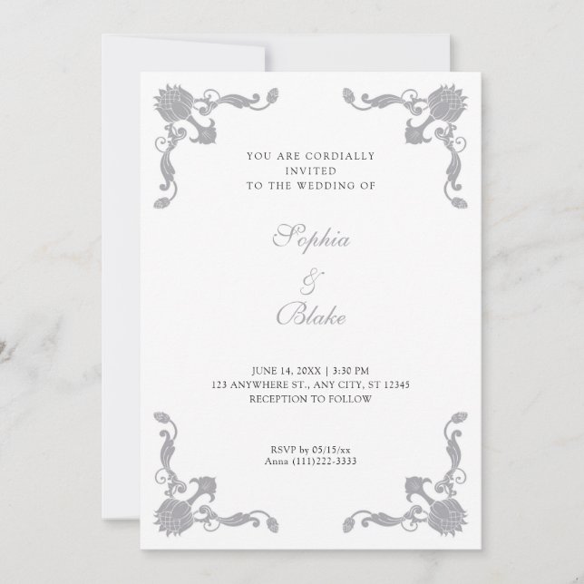 Invitation Mariage simple Silver et White Art Déco (Devant)