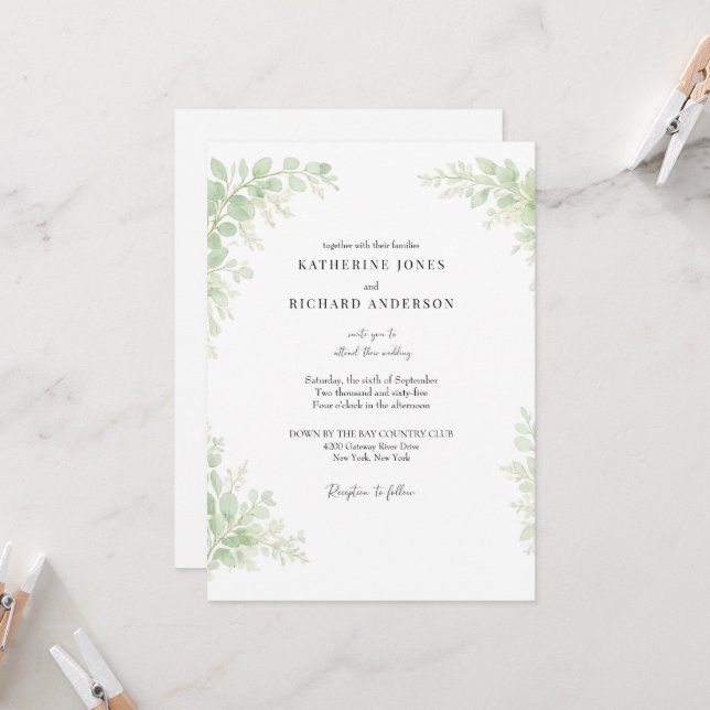 Invitation Mariage Simplement Élégant avec Feuillage Blanc (Devant/Arrière en situation)