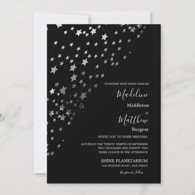 Invitation Mariage Soirée Étoiles Astrales Argent Noir (Devant)