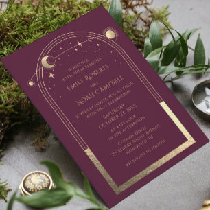 Invitation Mariage Soleil Lune Étoiles Plume Céleste Or