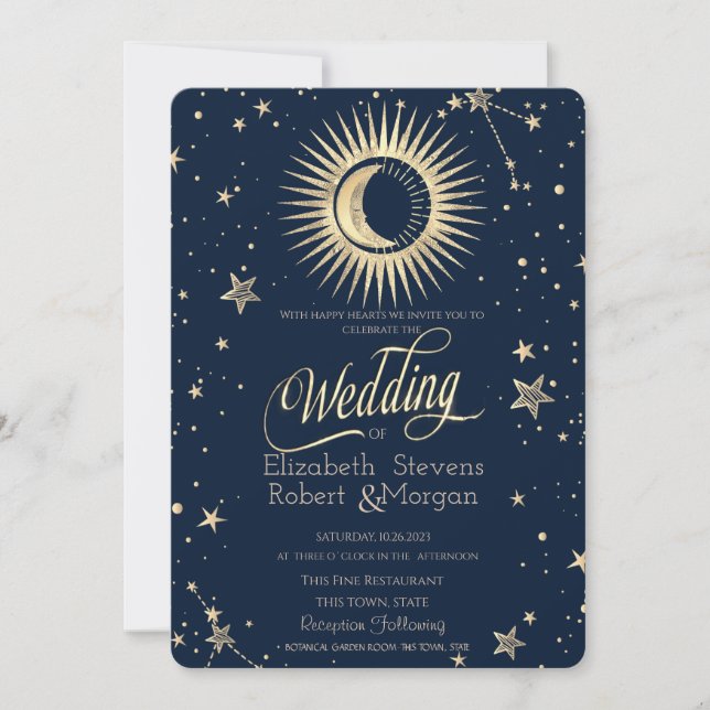Invitation Mariage Soleil Or Céleste Et Étoiles Lune (Devant)