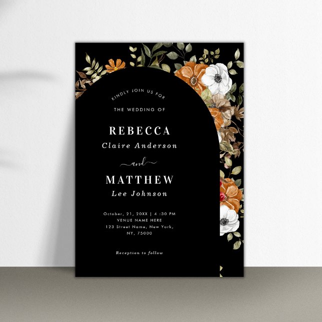 Invitation Mariage sombre romantique floral bohème arche noir (Créateur téléchargé)