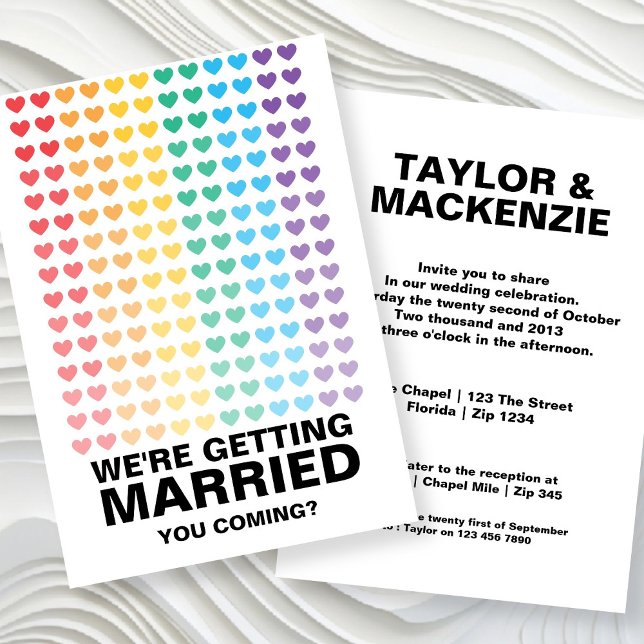 Invitation Mariage Sonne Gay Fun Rainbow Pride (Wedding Sounds Gay Fun Rainbow Pride Invitations by Ricaso. Same sex wedding invites with hearts)