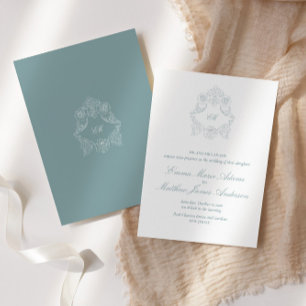 Invitation Mariage Sophistiqué au Blason Bleu Poussiéreux