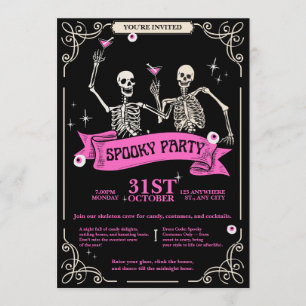 Invitation Mariage squelette rétro vintage rose et noir