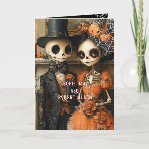 Invitation Mariage squelettes araignées noires Halloween plié