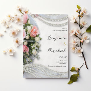 Invitation Mariage style vintage rose blanche perle