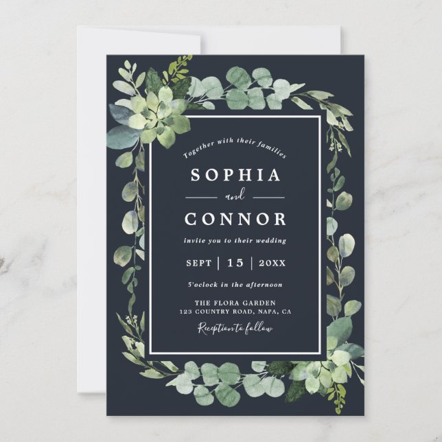 Invitation Mariage Succulent bleu marine de minuit (Devant)