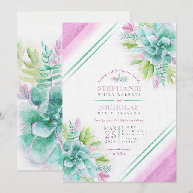 Invitation Mariage Succulent couleur d'eau vert pourpre invit (Devant / Derrière)