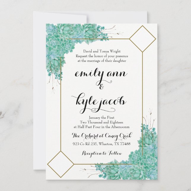 Invitation Mariage Succulent et Or (Devant)