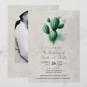 Invitation Mariage Sud-Ouest Cactus Vert Gris Aquarelle