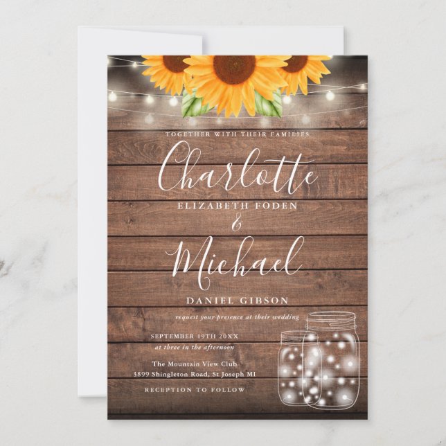 Invitation Mariage Sunflower String Lights Mason Jars (Devant)