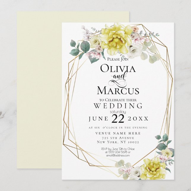 Invitation Mariage | Sunny Yellow Peony Aquarelle Fleurs (Devant / Derrière)