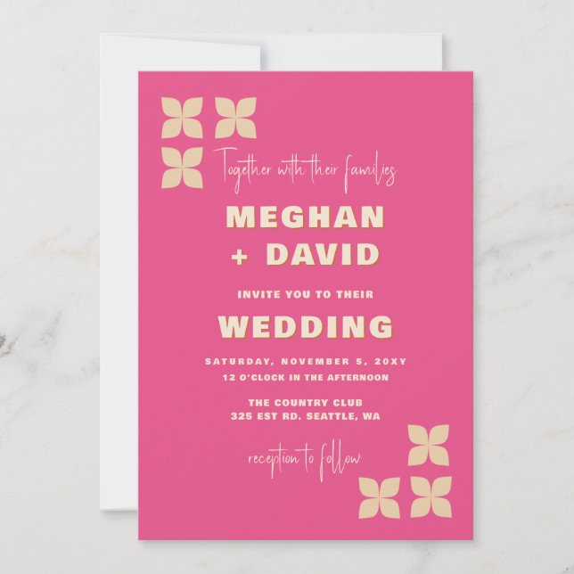Invitation Mariage Super rétro les années 70 Motif rose beige (Devant)