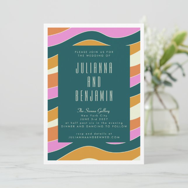 Invitation Mariage super Retro Pink et Green Wavy Lines (Debout devant)