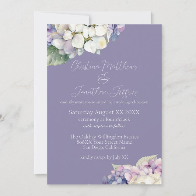 Invitation Mariage sur fond de Lavande avec Hortensias Violet (Devant)