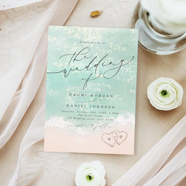 Invitation Mariage sur la plage à Modern Script Cœurs dans le (Modern Script Hearts In The Sand Beach Wedding Invitation)
