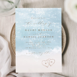 Invitation Mariage sur la plage avec coeurs dans le sable en